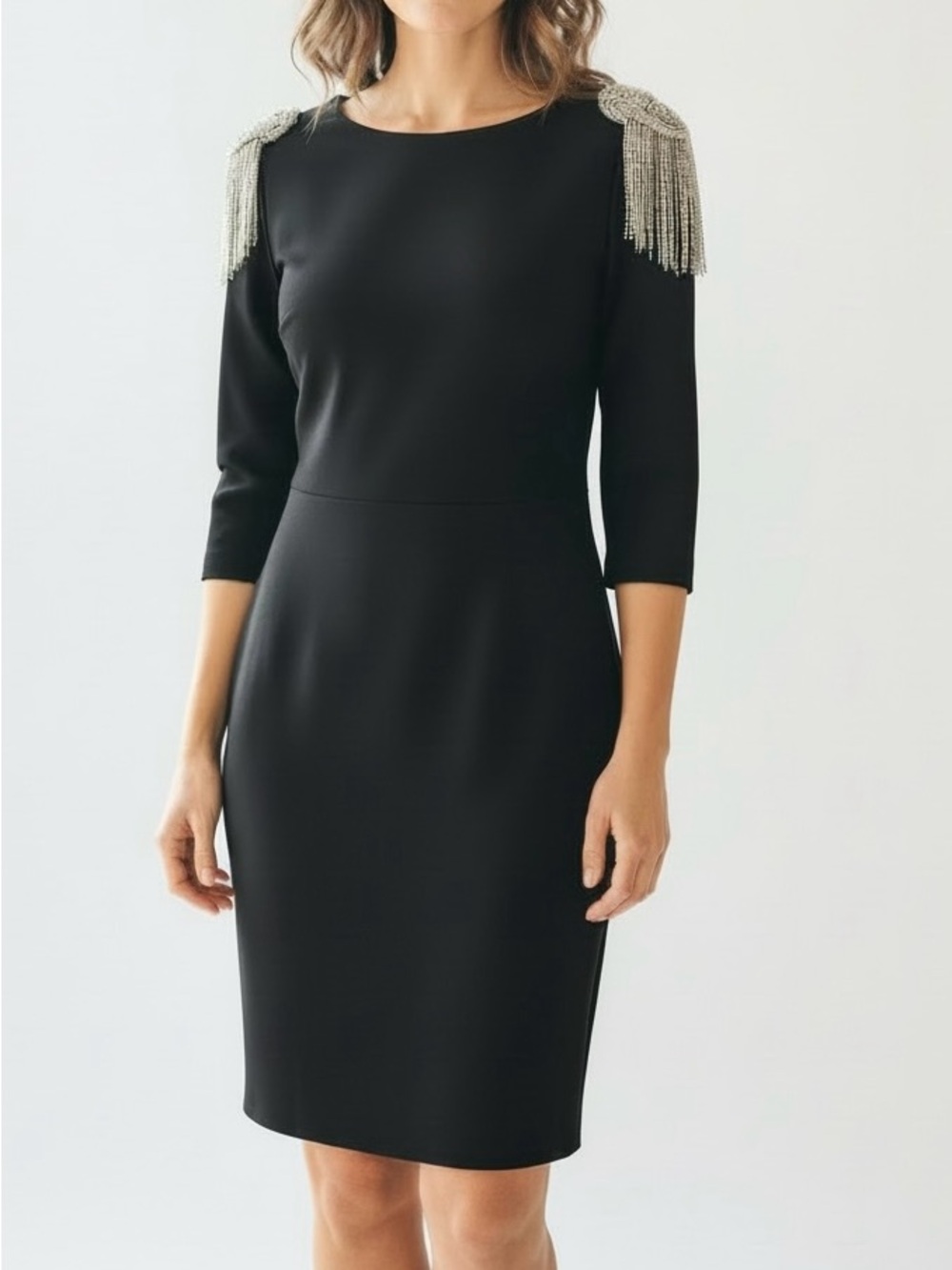 Elegant Black Sheath Dress with Silver Beaded Shoulder Details
